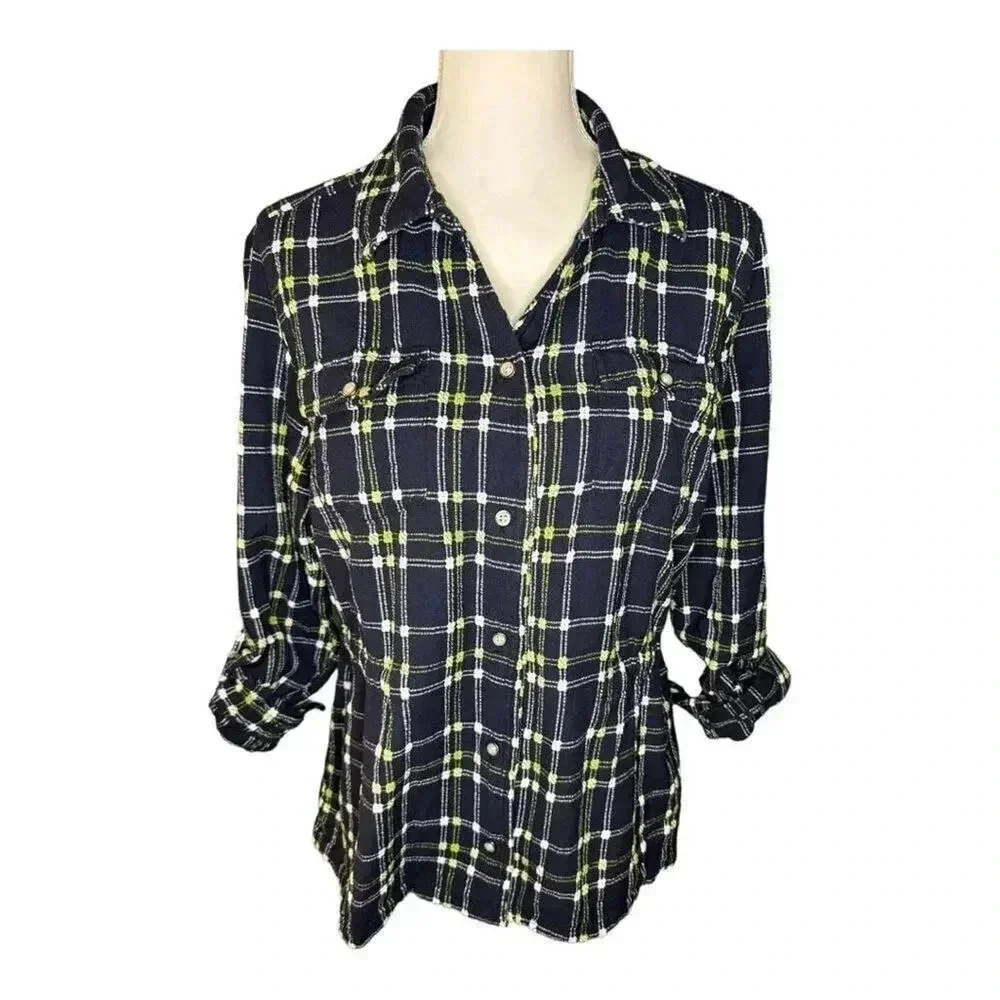 Christopher & Banks Women’s Medium Blue Green Plaid Cinched Waist Button Up Top